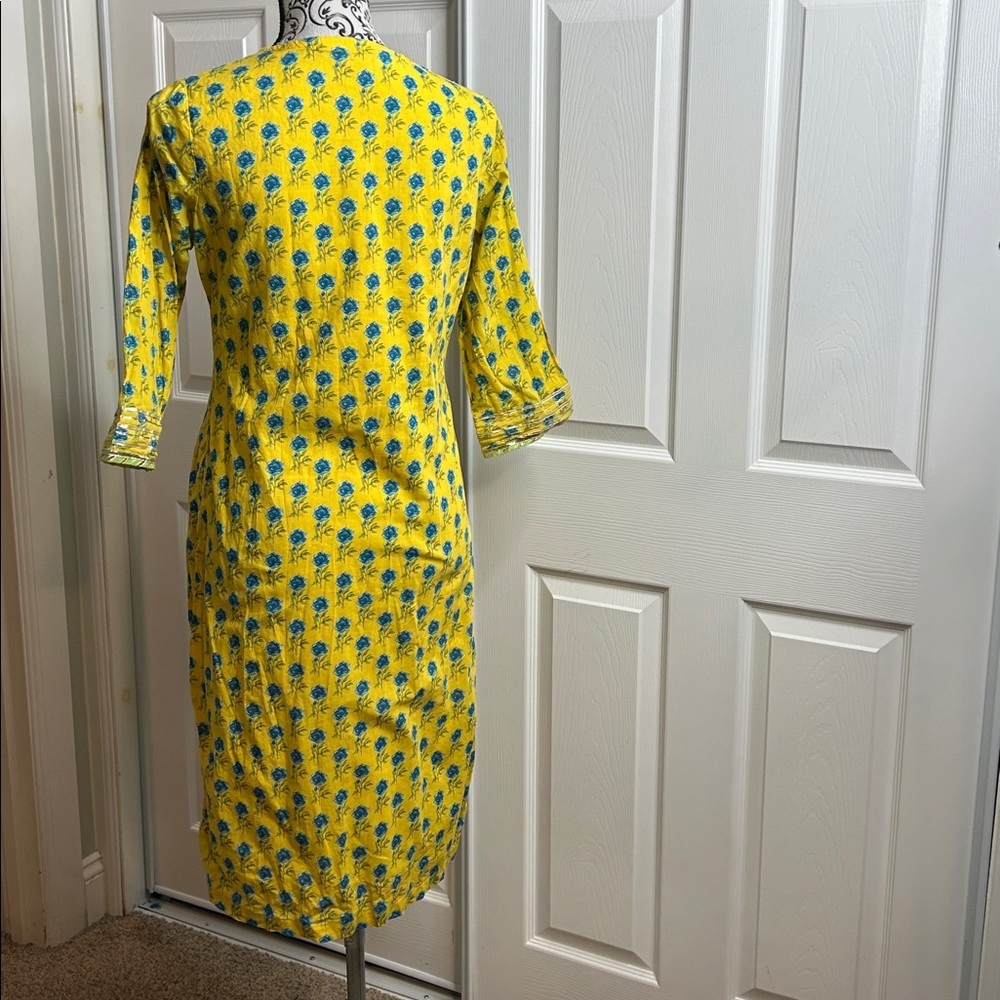 Biba Yellow Blue Floral Long Sleeve Dress Long Silt 34 Tassel‎ - Picture 4 of 14